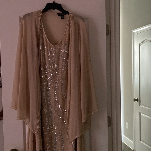 Women's Midnight Velvet Beige Dress with White, Silver, and Gold Embellishments - Picture 5 of 12